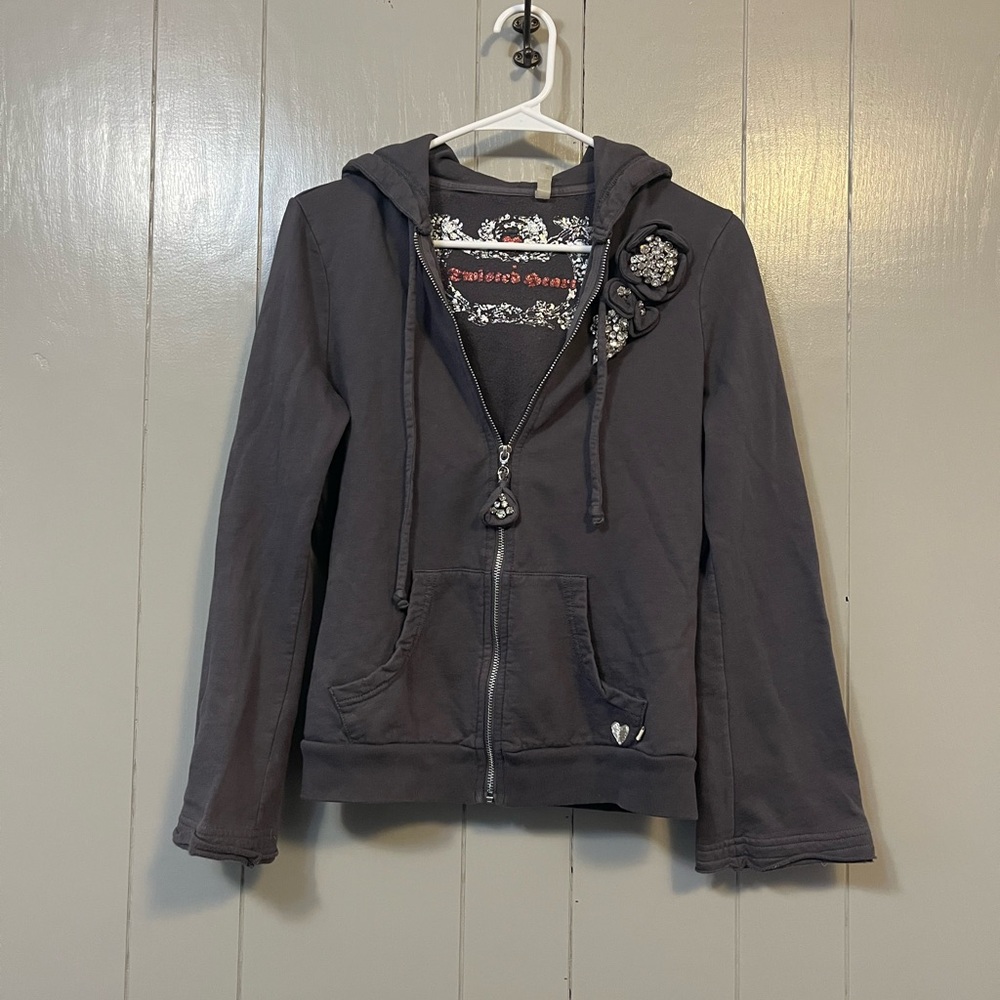 RARE Vintage Y2K Twisted Heart Gray Zip Hoodie Rhinestone Cotton Medium